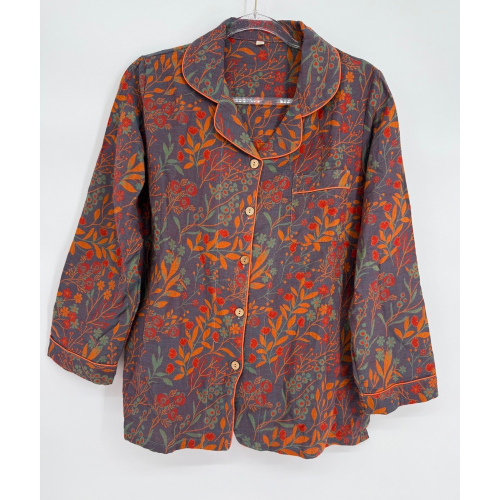 Floral Cotton Pajama Top Sz XL Blue Orange Botanical Print Button Sleep Shirt